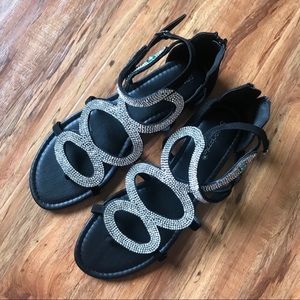 Rhinestoned Black Sandals With Snake Detail
